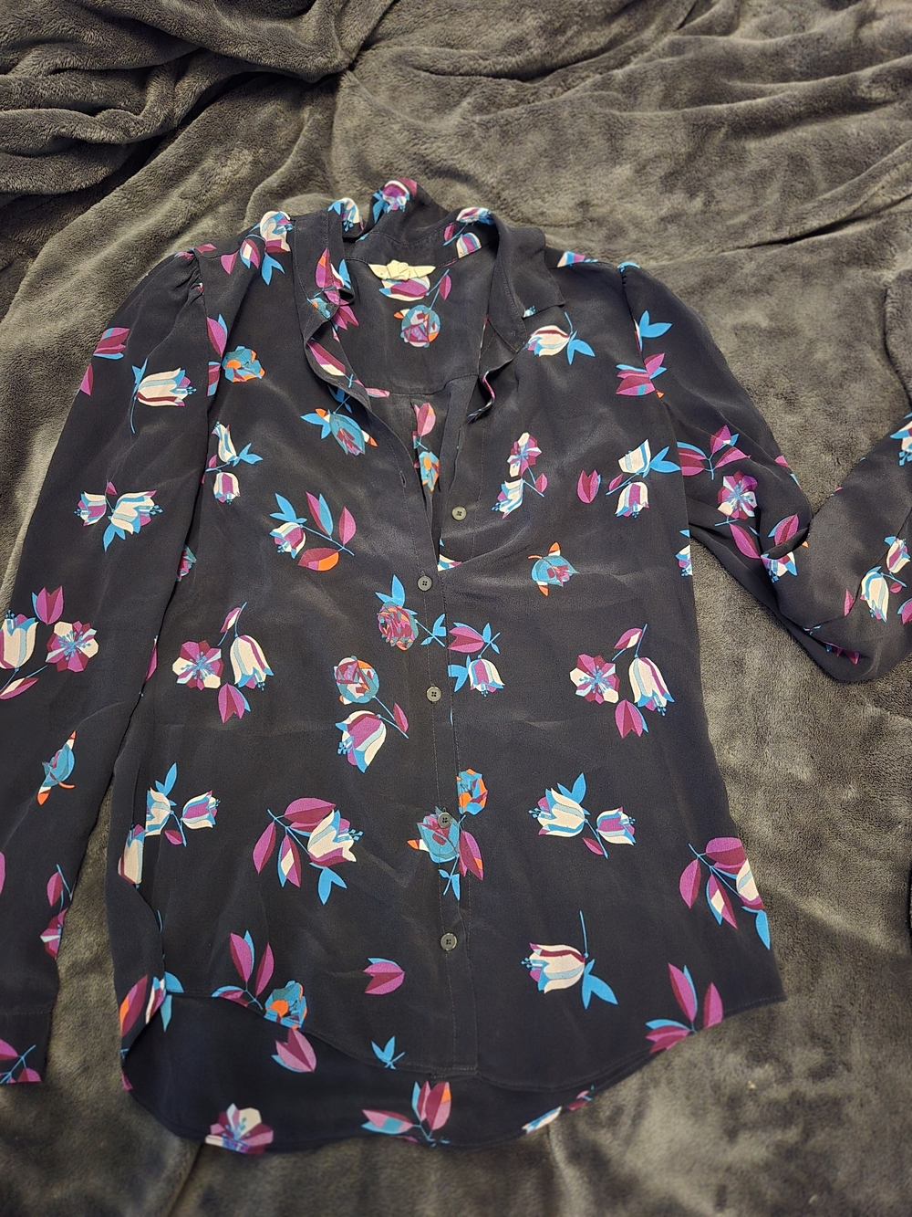 Rebecca Taylor Black Floral Button-Down with Pink & Blue Accents